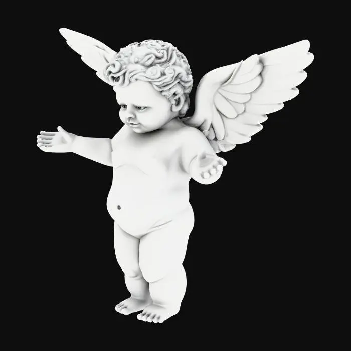 3D model for A small, biblically accurate cherub, intricately detailed. It possesses four distinct faces: a human, a lion, an ox, and an eagle. Four bronze-toned wings extend from its humanoid torso, two covering its body and two poised for flight. Its metallic skin shimmers like polished brass, adorned with numerous watchful eyes, conveying an ancient, complex, and divine presence.