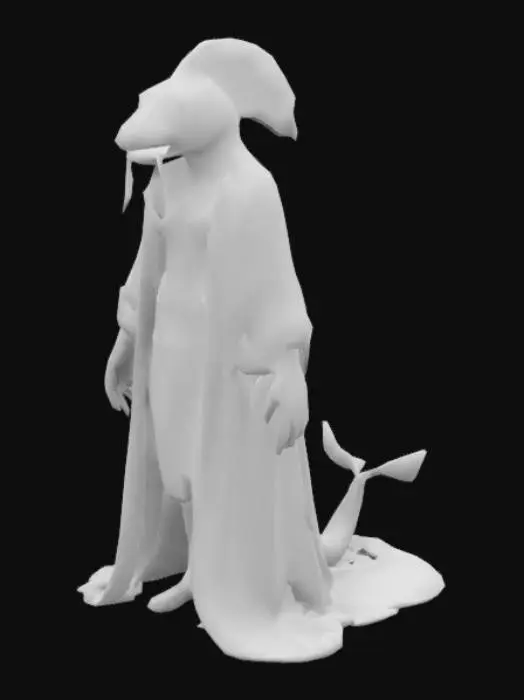 3D model for Imagine a naga with the head of a fish and the face of a man , the naga is dressed with a robe made from linen in a blueish and greenish color , a belt made of fish skin with human hands but very dexterous dolphin palms with fingernails like talons and human eyes but pupils like reptile , make it ultrarealistic