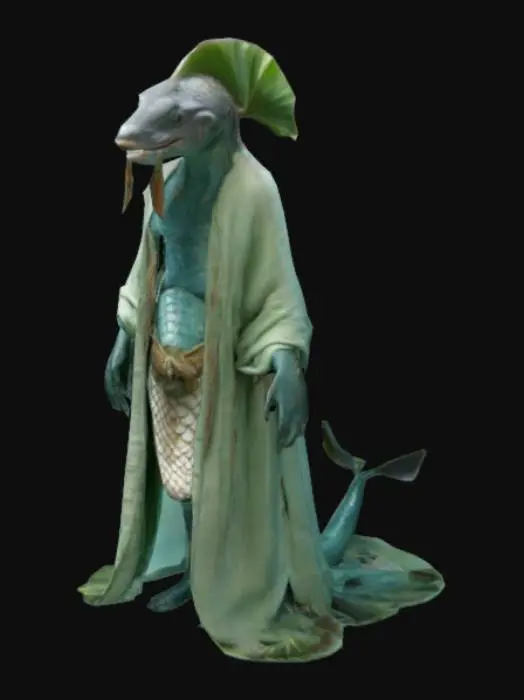 3D model for Imagine a naga with the head of a fish and the face of a man , the naga is dressed with a robe made from linen in a blueish and greenish color , a belt made of fish skin with human hands but very dexterous dolphin palms with fingernails like talons and human eyes but pupils like reptile , make it ultrarealistic