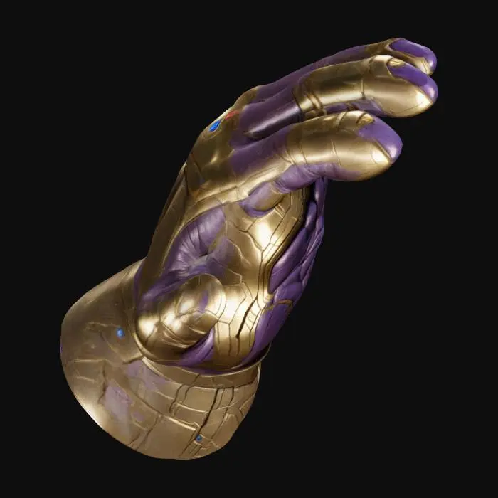 3D model for Design a 3D model of Thanos' hand in a powerful pose, inspired by the Infinity Gauntlet. Include detailed engravings, gemstone slots, and intricate patterns to resemble the gauntlet from the Marvel universe. Focus on realistic proportions, smooth surfaces, and sharp edges. Ensure the fingers are slightly curled as if holding power, and design the palm to allow for customizations like holding objects or integrating LEDs for lighting effects