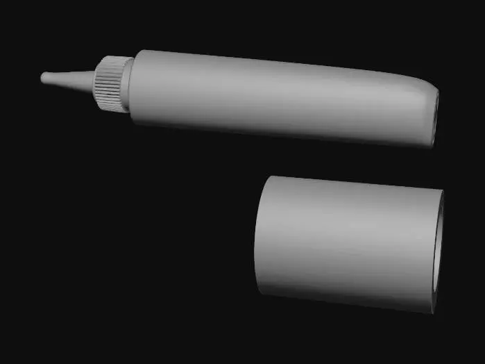 3D model for Cylindrical pen body for nail gel applicator. Hard matte black 
ABS plastic. Length 150mm, diameter 12mm. 

Front end: external threaded nozzle M8, 3-start asymmetric 
thread, 8mm length. 

Rear end: female bayonet socket with 3 L-shaped locking 
channels, 120 degrees apart.

Grip zone: dark navy blue silicone sleeve, shore 40A, 40mm 
length, positioned 20mm from front end. Fine vertical 
micro-ridges on surface.

Matte black non-reflective body. Clear transition between ABS 
and silicone. No caps, no cartridge attached.

White background. Studio lighting upper left. Slight isometric 
tilt showing both ends. Photorealistic hard surface materials.No caps, no cartridge, no tip attached. Isolated single 
component only. Pure white background. Sharp studio lighting 
from upper left. Slight iso
