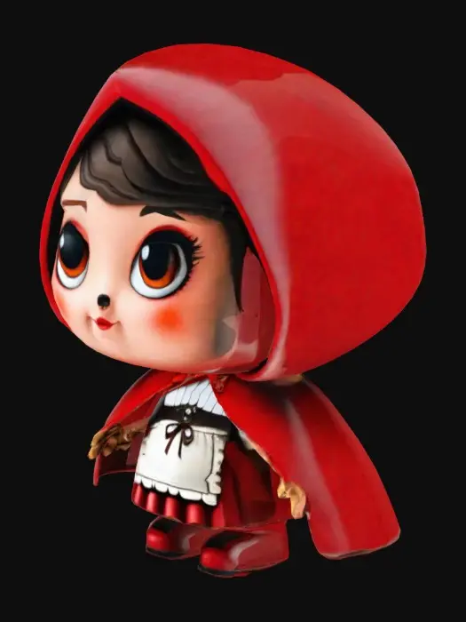 3D model for A full-body cartoonish figurine of Little Red Riding Hood with an oversized head and exaggerated features, inspired by collectible vinyl toys. She wears a red hooded cape, a dress, and boots. Her large eyes, small nose, and playful smile add charm. Holding a small basket, she stands confidently. The design is cute, stylized, and well-proportioned.