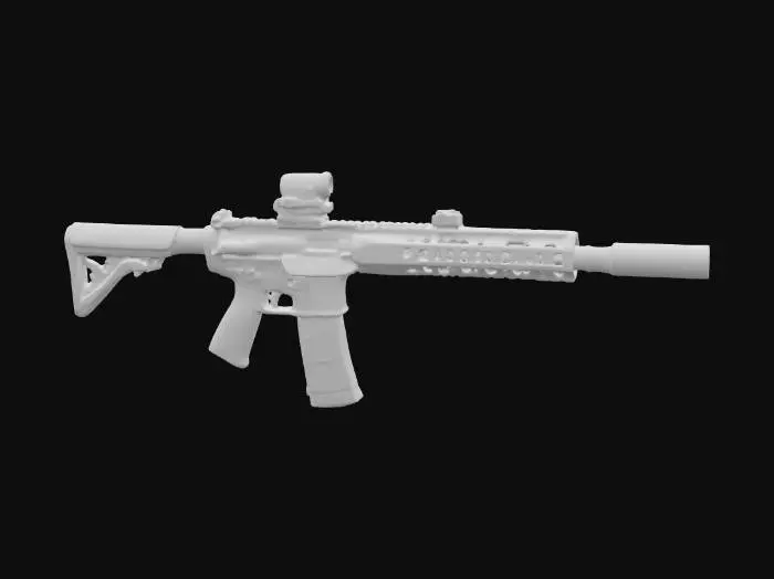 3D model for A highly detailed tactical battle rifle, low to medium-poly, featuring a 17-inch barrel and integrated Picatinny rail. Its textured polymer body is flat dark earth (#A59B8C), while all metal components are matte black (#000000). The clean geometry forms a symmetrical design, complete with folding iron sights, a vertical grip, an adjustable stock, and a detachable magazine. A red dot sight and laser module are mounted, and the muzzle is suppressor-ready, creating a distinct military weapon aesthetic without real-world branding.