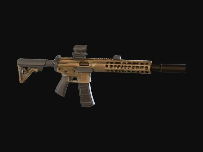 3D model for A highly detailed tactical battle rifle, low to medium-poly, featuring a 17-inch barrel and integrated Picatinny rail. Its textured polymer body is flat dark earth (#A59B8C), while all metal components are matte black (#000000). The clean geometry forms a symmetrical design, complete with folding iron sights, a vertical grip, an adjustable stock, and a detachable magazine. A red dot sight and laser module are mounted, and the muzzle is suppressor-ready, creating a distinct military weapon aesthetic without real-world branding.