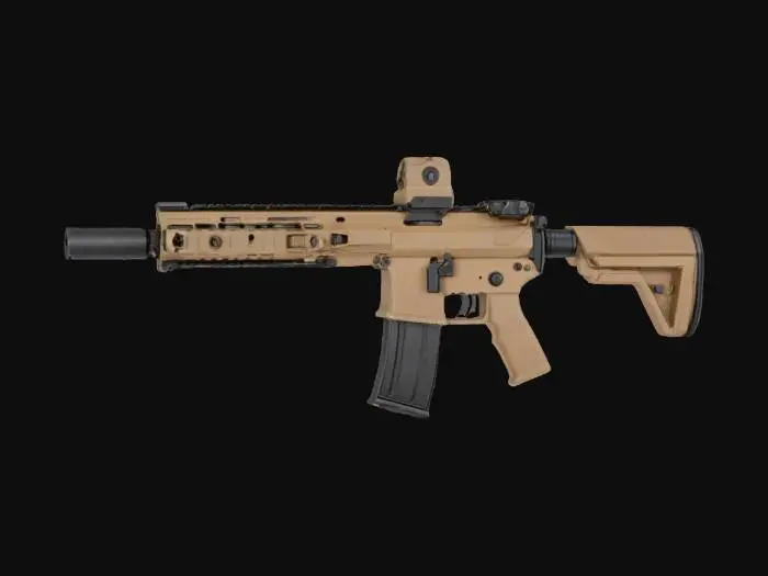 3D model for Детализированная штурмовая винтовка SCAR-H, выполненная из высококачественного полимера и металла. Корпус имеет текстурированную матовую поверхность, обеспечивающую надёжный хват, преимущественно в цвете Flat Dark Earth, с контрастными чёрными металлическими компонентами. Винтовка оснащена регулируемым прикладом, складными прицельными приспособлениями, интегрированными планками Пикатинни для аксессуаров. Ствол имеет гладкую отделку, а магазин изготовлен из прочного чёрного полимера, придающего ей тактический, реалистичный вид.