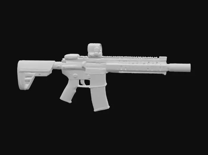 3D model for Детализированная штурмовая винтовка SCAR-H, выполненная из высококачественного полимера и металла. Корпус имеет текстурированную матовую поверхность, обеспечивающую надёжный хват, преимущественно в цвете Flat Dark Earth, с контрастными чёрными металлическими компонентами. Винтовка оснащена регулируемым прикладом, складными прицельными приспособлениями, интегрированными планками Пикатинни для аксессуаров. Ствол имеет гладкую отделку, а магазин изготовлен из прочного чёрного полимера, придающего ей тактический, реалистичный вид.