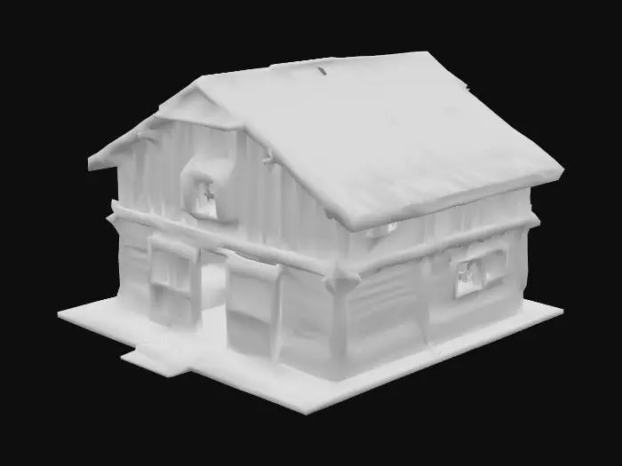 3D model for "A medieval wooden warehouse building, low-poly blocky design, with timber frame construction, large double sliding doors, small rectangular windows with wooden shutters, sloped thatched roof, exposed wooden beams, stone foundation base, rustic carpentry joints, clean geometry, no textures, natural wood color (#D2B48C) with dark brown accents (#5D4037), game-ready model, under 3k polygons, symmetrical design, historical rural architecture, no modern elements, suitable for 3D animation and game development." 