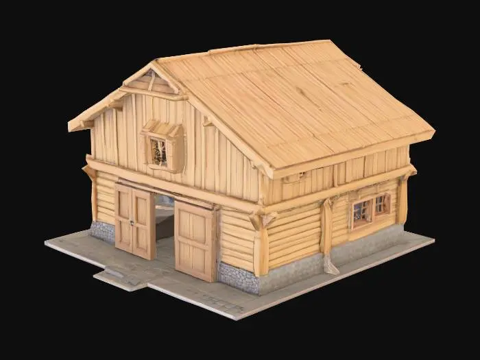 3D model for "A medieval wooden warehouse building, low-poly blocky design, with timber frame construction, large double sliding doors, small rectangular windows with wooden shutters, sloped thatched roof, exposed wooden beams, stone foundation base, rustic carpentry joints, clean geometry, no textures, natural wood color (#D2B48C) with dark brown accents (#5D4037), game-ready model, under 3k polygons, symmetrical design, historical rural architecture, no modern elements, suitable for 3D animation and game development." 