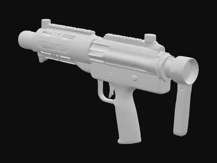 3D model for Высококачественный бластер E-11 имеет гладкий корпус из полированного черного металла, который ярко блестит на свету, демонстрируя свой однородный глубокий черный цвет. Его удлиненный цилиндрический ствол оснащен вентилируемой защитой, а рукоятка покрыта текстурированным, слегка шероховатым черным полимером для надежного и цепкого захвата. Вся конструкция ощущается тяжелой и прочной, с четкими, функциональными линиями, подчеркивающими ее милитаристское назначение и создающими устрашающий монохромный облик.