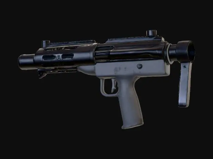 3D model for Высококачественный бластер E-11 имеет гладкий корпус из полированного черного металла, который ярко блестит на свету, демонстрируя свой однородный глубокий черный цвет. Его удлиненный цилиндрический ствол оснащен вентилируемой защитой, а рукоятка покрыта текстурированным, слегка шероховатым черным полимером для надежного и цепкого захвата. Вся конструкция ощущается тяжелой и прочной, с четкими, функциональными линиями, подчеркивающими ее милитаристское назначение и создающими устрашающий монохромный облик.