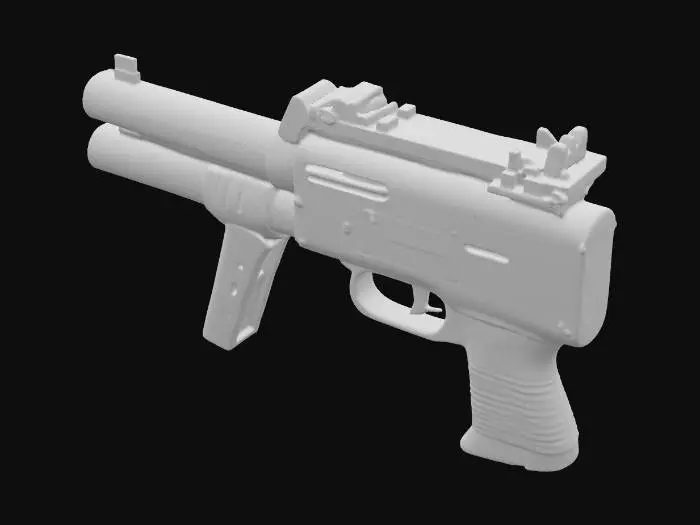 3D model for Высококачественный бластер E-11 имеет гладкий корпус из полированного черного металла, который ярко блестит на свету, демонстрируя свой однородный глубокий черный цвет. Его удлиненный цилиндрический ствол оснащен вентилируемой защитой, а рукоятка покрыта текстурированным, слегка шероховатым черным полимером для надежного и цепкого захвата. Вся конструкция ощущается тяжелой и прочной, с четкими, функциональными линиями, подчеркивающими ее милитаристское назначение и создающими устрашающий монохромный облик.