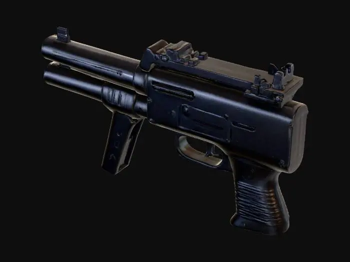 3D model for Высококачественный бластер E-11 имеет гладкий корпус из полированного черного металла, который ярко блестит на свету, демонстрируя свой однородный глубокий черный цвет. Его удлиненный цилиндрический ствол оснащен вентилируемой защитой, а рукоятка покрыта текстурированным, слегка шероховатым черным полимером для надежного и цепкого захвата. Вся конструкция ощущается тяжелой и прочной, с четкими, функциональными линиями, подчеркивающими ее милитаристское назначение и создающими устрашающий монохромный облик.