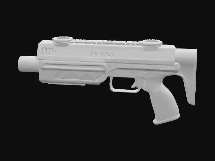 3D model for Высококачественный бластер E-11 имеет гладкий корпус из полированного черного металла, который ярко блестит на свету, демонстрируя свой однородный глубокий черный цвет. Его удлиненный цилиндрический ствол оснащен вентилируемой защитой, а рукоятка покрыта текстурированным, слегка шероховатым черным полимером для надежного и цепкого захвата. Вся конструкция ощущается тяжелой и прочной, с четкими, функциональными линиями, подчеркивающими ее милитаристское назначение и создающими устрашающий монохромный облик.
