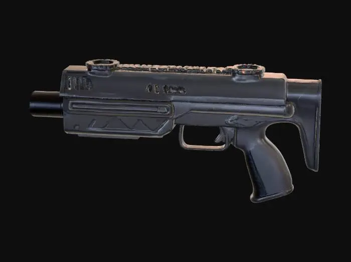 3D model for Высококачественный бластер E-11 имеет гладкий корпус из полированного черного металла, который ярко блестит на свету, демонстрируя свой однородный глубокий черный цвет. Его удлиненный цилиндрический ствол оснащен вентилируемой защитой, а рукоятка покрыта текстурированным, слегка шероховатым черным полимером для надежного и цепкого захвата. Вся конструкция ощущается тяжелой и прочной, с четкими, функциональными линиями, подчеркивающими ее милитаристское назначение и создающими устрашающий монохромный облик.
