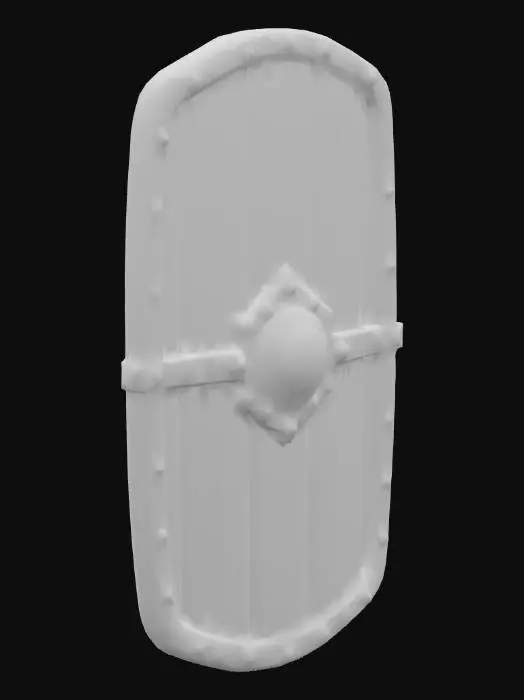 3D model for "A detailed Roman scutum shield, low-poly style, with curved rectangular wooden body, central metal boss, horizontal iron reinforcement bands, leather grip straps, suitable for Roblox game development, clean mesh, no textures, color scheme: dark brown wood (#8B4513) and black metal (#2B2B2B), simple historical military design"
