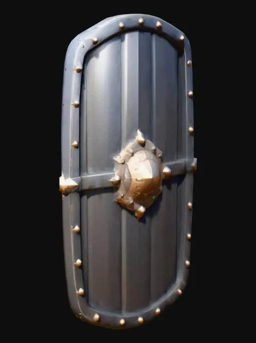 3D model for "A detailed Roman scutum shield, low-poly style, with curved rectangular wooden body, central metal boss, horizontal iron reinforcement bands, leather grip straps, suitable for Roblox game development, clean mesh, no textures, color scheme: dark brown wood (#8B4513) and black metal (#2B2B2B), simple historical military design"