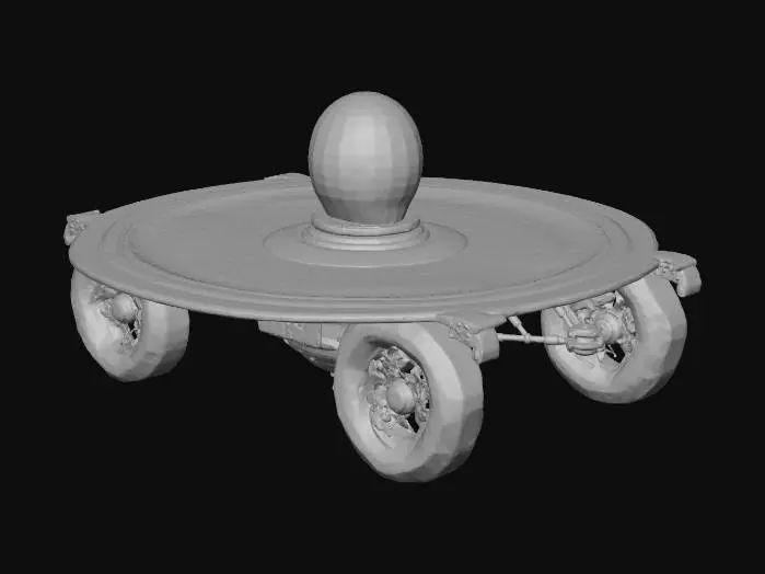 3D model for a racing ufo on wheels made from a vinyl disk and lava lamp center, retro futuristic style, lava glows warm pinks and yellows