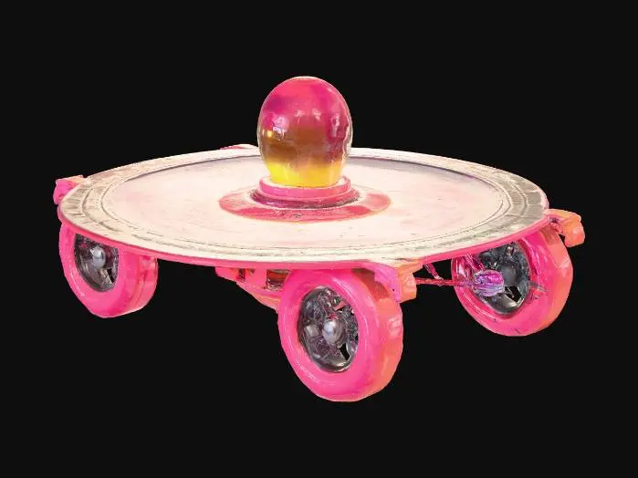 3D model for a racing ufo on wheels made from a vinyl disk and lava lamp center, retro futuristic style, lava glows warm pinks and yellows