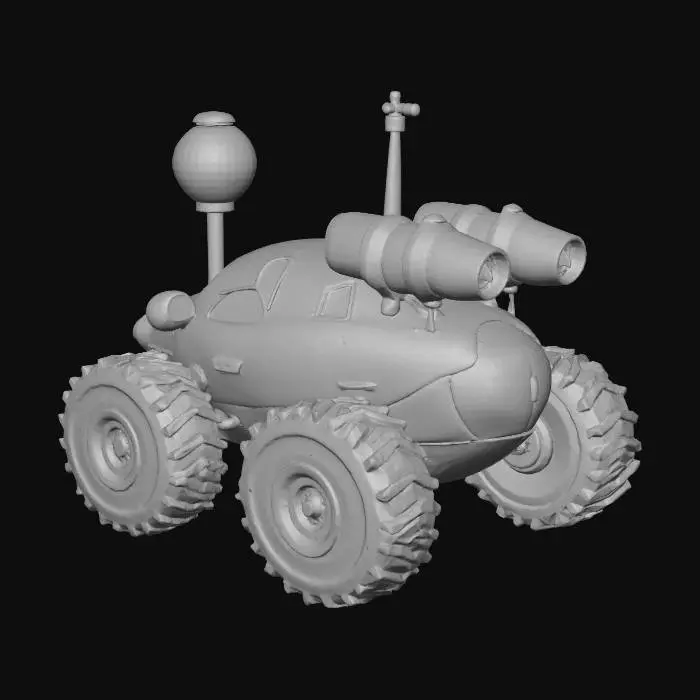 3D model for a mars rover with rocket thrusters, made of lava lamp goo, shiny, gooey, 1950s aesthetic
