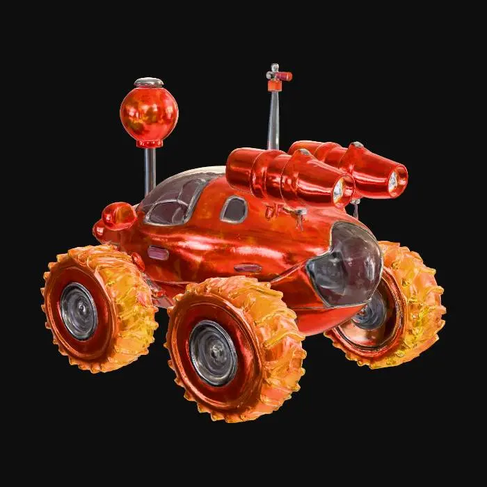 3D model for a mars rover with rocket thrusters, made of lava lamp goo, shiny, gooey, 1950s aesthetic
