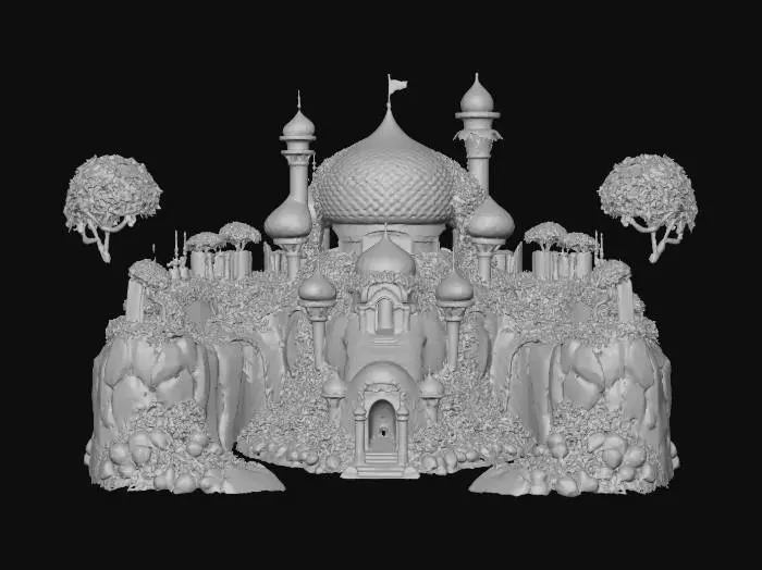 3D model for rainbow onion-style temple mosques with twisting curving vines, waterfalls, trees, and multi-colored flowers