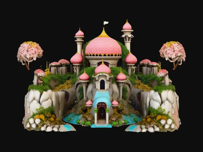 3D model for rainbow onion-style temple mosques with twisting curving vines, waterfalls, trees, and multi-colored flowers