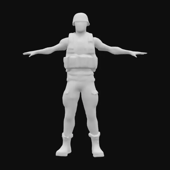 3D model for T-pose of a commando character wearing helmet and vest
