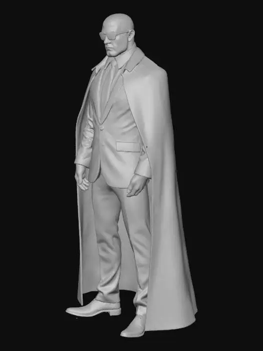 3D model for 6ft tall man wearing an all back suit and cloak and gloves .has black sun glasses