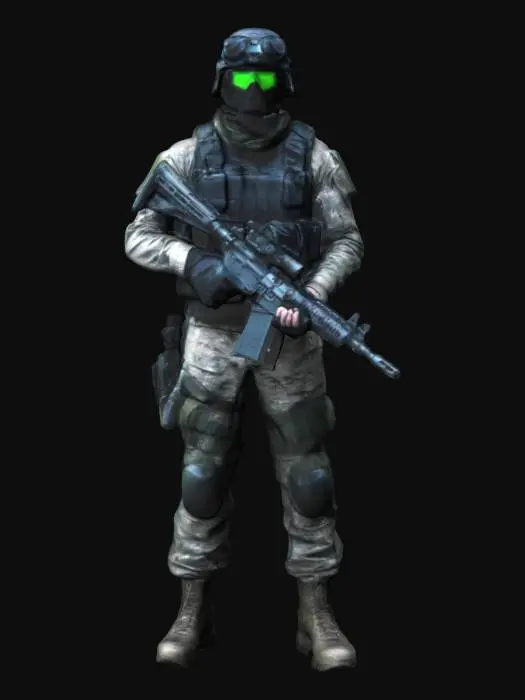 3D model for a special forces soldier with modern weapon, a assault rifle, and equipment, he is equipped with night vision on his helmet