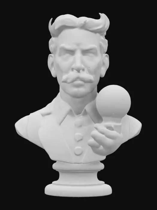3D model for create a highly detailed model of Nikola Tesla bust with a lit bulb in his hand, his hands and fingers should be detailed