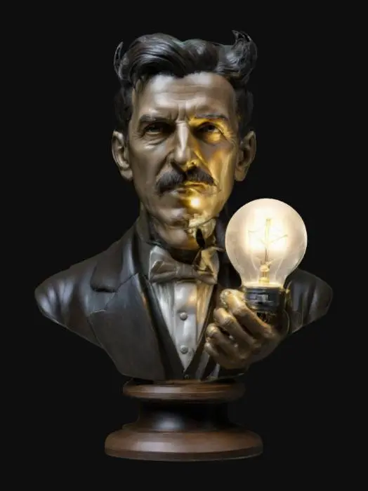 3D model for create a highly detailed model of Nikola Tesla bust with a lit bulb in his hand, his hands and fingers should be detailed