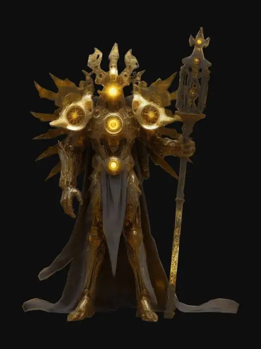 3D model for A towering ChronoForged god, embodying the essence of time and metal. Their body is a fusion of intricate clockwork, glowing runes, and polished, otherworldly steel. Gears and mechanisms shift visibly within their limbs, and their eyes shine like twin golden suns. Cloaked in flowing, shimmering fabric that ripples as though caught in an eternal wind, they wield a massive weapon shaped like an ancient hourglass. Time itself seems to bend and fracture around them, warping reality in their presence