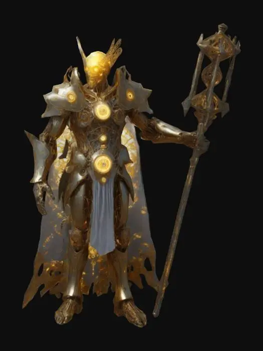 3D model for A towering ChronoForged god, embodying the essence of time and metal. Their body is a fusion of intricate clockwork, glowing runes, and polished, otherworldly steel. Gears and mechanisms shift visibly within their limbs, and their eyes shine like twin golden suns. Cloaked in flowing, shimmering fabric that ripples as though caught in an eternal wind, they wield a massive weapon shaped like an ancient hourglass. Time itself seems to bend and fracture around them, warping reality in their presence