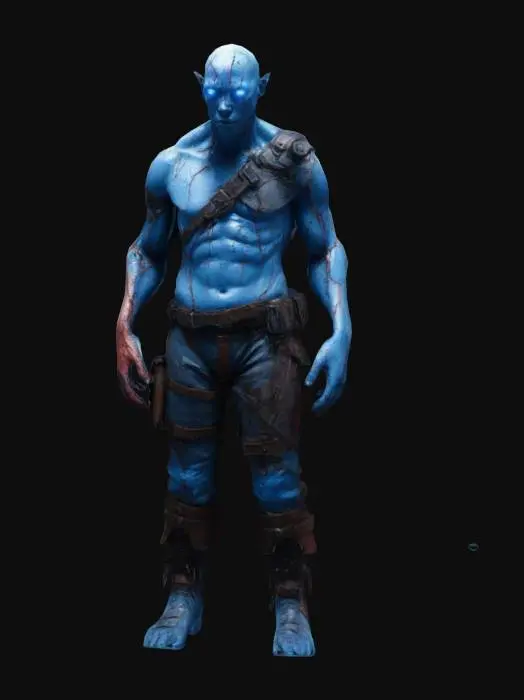 3D model for A post-apocalyptic human altered by a mysterious anomaly. Their skin glows faintly with vein-like cracks in blue or crimson, and one arm is warped with crystalline growths while the other is scarred but human. Their glowing, pupil-less eyes hint at unnatural insight. They wear scavenged, patched armor of leather and metal, suited for survival. A faint aura surrounds them, distorting light and emitting flickers of energy, as they stand in a desolate wasteland of ruins and irradiated sand.