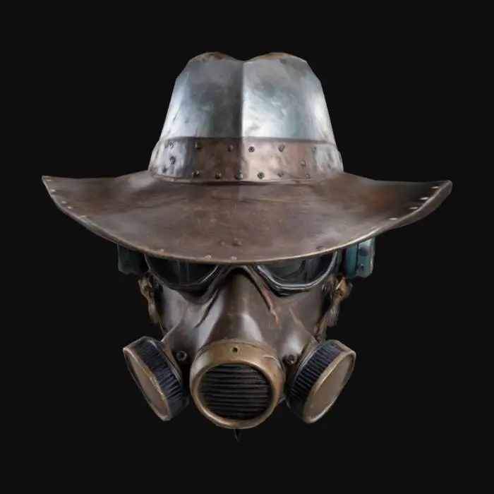 3D model for A post-apocalyptic tactical helmet with a rugged, weathered metallic finish. The design features a full-face respirator mask with vented filters and a dark, reflective visor. The helmet has a distinctive wide-brimmed shape, resembling a cowboy or ranger hat integrated into the structure. It includes straps, bolts, and utility details like a radio receiver on one side and a red glowing eyepiece over the right eye. The overall aesthetic is functional, militaristic, and designed for a harsh desert