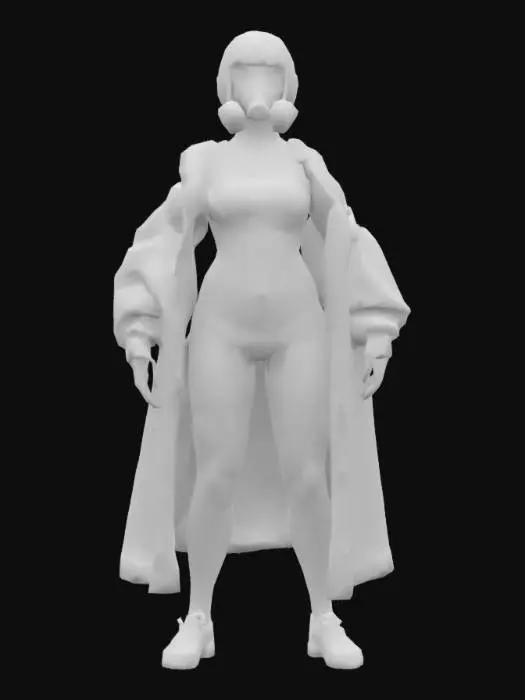 3D model for masterpiece, best quality, ((cinematic lighting)) , ((full body shot)), 1girl, solo, from below , from side , dynamic pose, dynamic action , very short hair , blunt bangs , wearing gas mask , ultra detailed eyes, flat chest, [[[abs]]], black over sized short tanktop, ( tight black shorts ),  white tights , ((chubby thick legs), thick legs, chubby legs), thick calves, lab coat