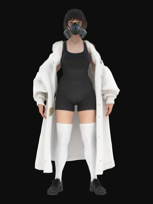3D model for masterpiece, best quality, ((cinematic lighting)) , ((full body shot)), 1girl, solo, from below , from side , dynamic pose, dynamic action , very short hair , blunt bangs , wearing gas mask , ultra detailed eyes, flat chest, [[[abs]]], black over sized short tanktop, ( tight black shorts ),  white tights , ((chubby thick legs), thick legs, chubby legs), thick calves, lab coat