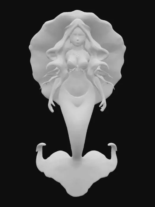 3D model for A beautiful, realistic mermaid sitting gracefully inside a large open seashell. The mermaid has long, wavy brown hair, wearing delicate seashells as a top and decorative arm jewelry. Her tail is detailed with iridescent scales, fading from cream to orange and light blue, ending in elegant translucent fins. The seashell has a soft, pearlescent texture, resembling a giant clam. The scene should have a calm, magical, fantasy feel, with lifelike proportions and soft lighting. Full-body model, ideal for 3D printing