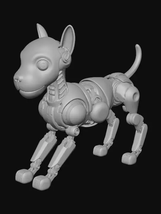 3D model for Create a cute and highly detailed dog robot with cracked porcelain robotic parts and a biomechanical interior. The outer shell is broken and chipped, revealing cables, pistons, layered machinery and gold circuitry. The character looks ancient, worn, fragmented and repeatedly repaired. Emphasize robotic anatomy: exposed joints, mechanical neck, visible spine and synthetic muscle layers. Materials include porcelain, brushed and oxidized metal, dark polymers and gold details. Surfaces are rough, imperfect and asymmetrical. No clean sci-fi armor, no smooth surfaces. Style is hyper-realistic, cinematic, dark sci-fi, biomechanical and gritty. Mood is melancholic, fragile yet powerful. High poly, ultra-detailed, PBR materials. Very high detail, maximum wear, minimum cleanliness, high complexity.