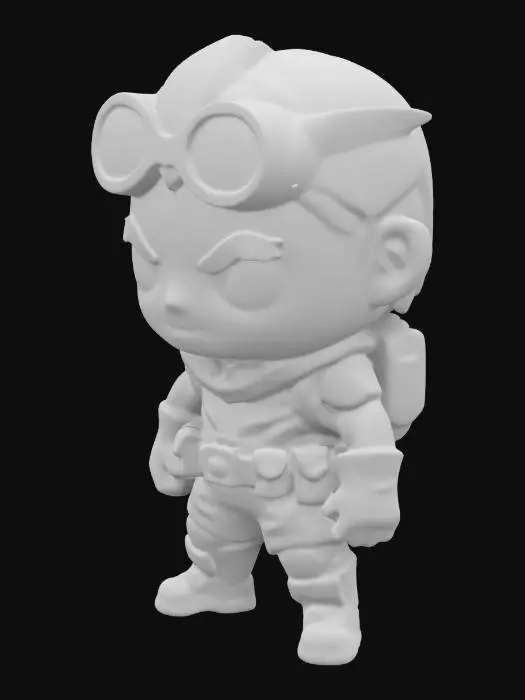 3D model for The Explorer. Muscular body. Menacing expression. Chibi art style. Well-proportioned. Clearly defined features. Highly detailed. Highly stylized. Walls and features are at least 2mm thick. Bold, recessed features with a depth of at least 2mm. Sharp, clean lines. Embossed features to rise at least 2mm above the surface. DND.