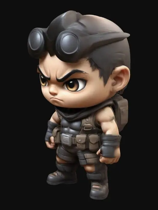 3D model for The Explorer. Muscular body. Menacing expression. Chibi art style. Well-proportioned. Clearly defined features. Highly detailed. Highly stylized. Walls and features are at least 2mm thick. Bold, recessed features with a depth of at least 2mm. Sharp, clean lines. Embossed features to rise at least 2mm above the surface. DND.