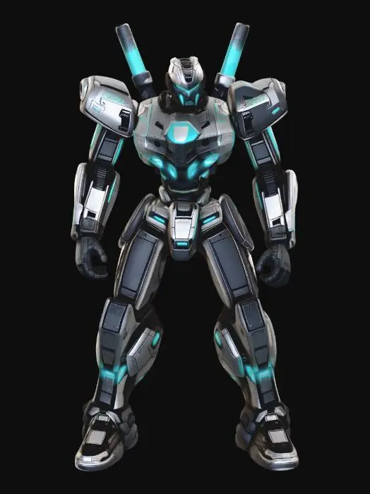 3D model for 3 米高双足机甲，钛合金装甲 + 青色能量线 + 双肩等离子炮