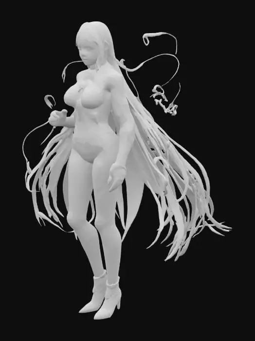 3D model for Genera un personaggio femminile con capelli lisci e neri,con poteri oscuri e abilita di controllo delle ombre,con un costume tecnologico .