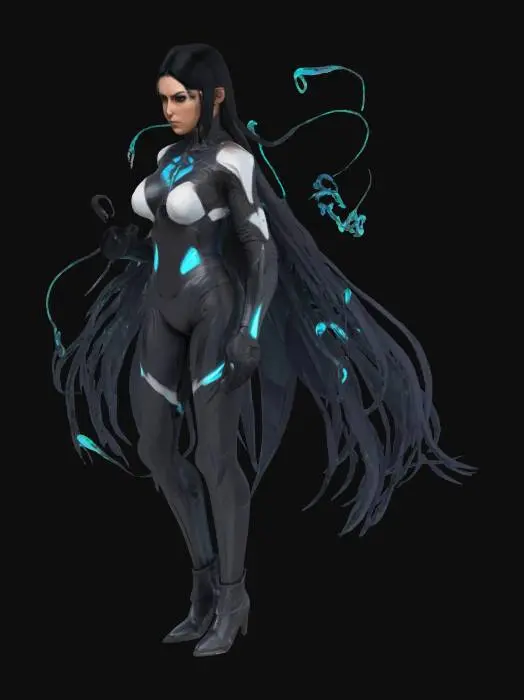 3D model for Genera un personaggio femminile con capelli lisci e neri,con poteri oscuri e abilita di controllo delle ombre,con un costume tecnologico .