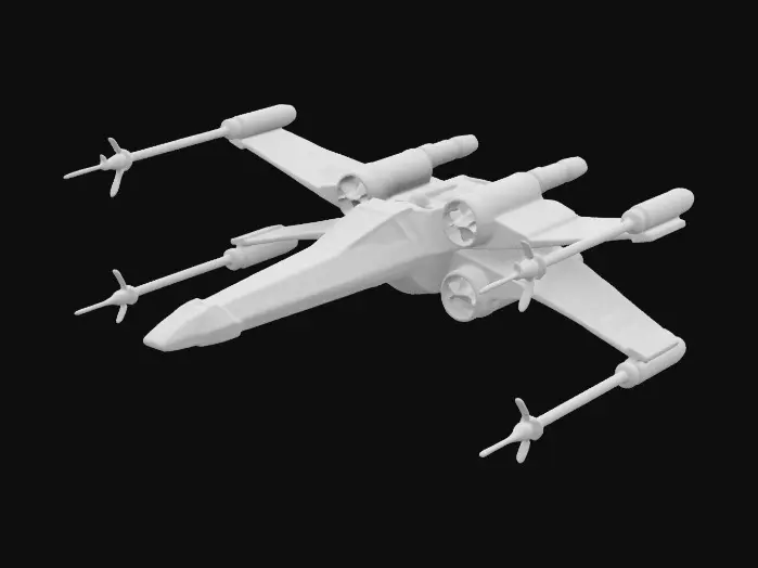 3D model for A 1 meter model of an X-Wing fighter, tabletop miniature starship, Star Wars Battles, game miniature, made of pewter and painted for Christmas. NVIDIA volumetric lighting, engine glow,  deeply carved details. 