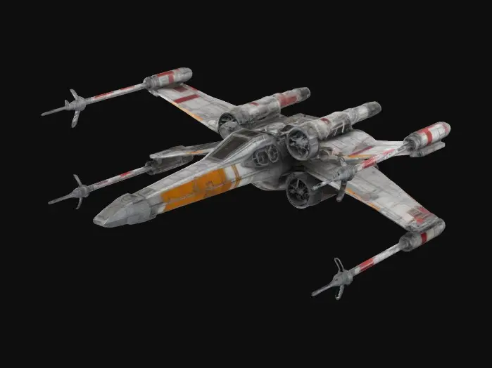 3D model for A 1 meter model of an X-Wing fighter, tabletop miniature starship, Star Wars Battles, game miniature, made of pewter and painted for Christmas. NVIDIA volumetric lighting, engine glow,  deeply carved details. 