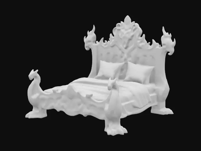3D model for Fantasy, Highly Detailed, Ultra Realistic, Wooden Carved, Dragon bed with black satin sheets
