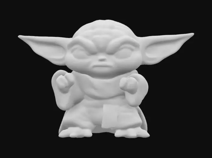 3D model for YODA. Chibi art style. Fighting stance. Menacing pose. Highly stylized. Ensure all walls and features are at least 2mm thick. Include bold, recessed features with a depth of at least 2mm. Maintain sharp, clean lines. Embossed features to rise at least 2mm above the surface. Recess etched details at least 2mm deep for clarity. DND.