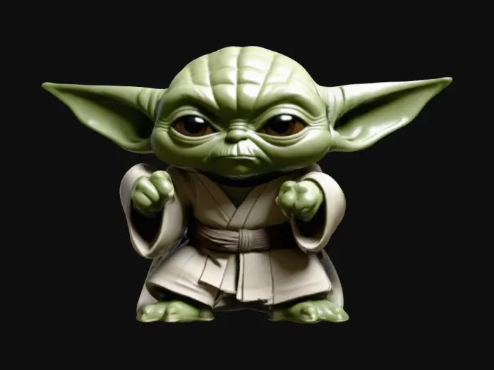 3D model for YODA. Chibi art style. Fighting stance. Menacing pose. Highly stylized. Ensure all walls and features are at least 2mm thick. Include bold, recessed features with a depth of at least 2mm. Maintain sharp, clean lines. Embossed features to rise at least 2mm above the surface. Recess etched details at least 2mm deep for clarity. DND.