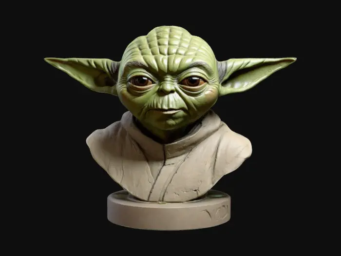 3D model for Bust , Ultra Realistic,, Stylised, Yoda bust,.Clearly defined features. Highly stylized. Highly detailed. All walls and features at least 2mm thick. Include bold, recessed features with a depth of at least 2mm. Maintain sharp, clean lines with no unnecessary fine or jagged edges. Design embossed features to rise at least 2mm above the surface. Recess etched details at least 2mm deep for clarity.
